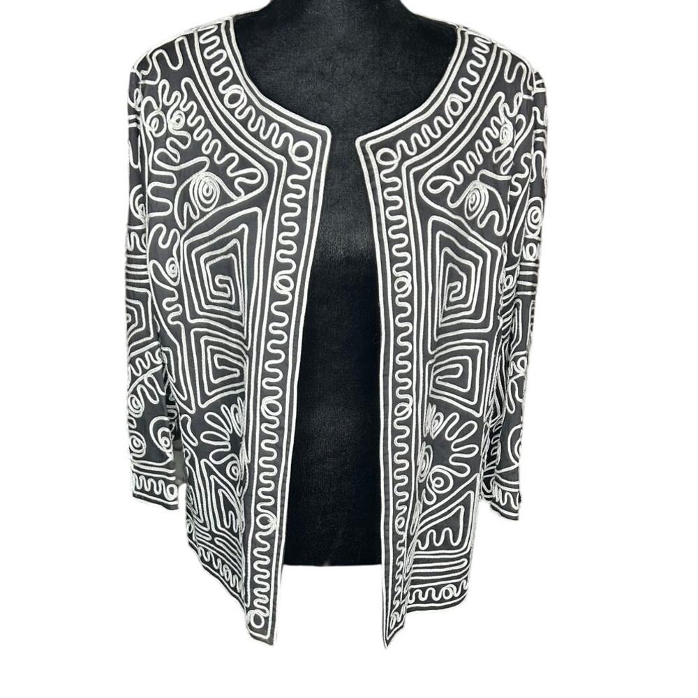 Joni B women's black jacket with white embellished linework 22x24